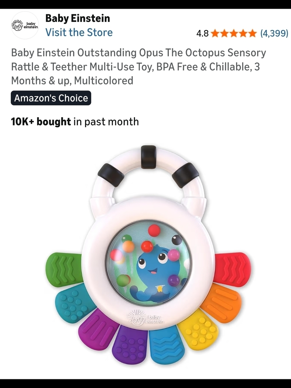 Baby Einstein Multicolor Octopus Rattle & Teether — Sensory Learning Toy